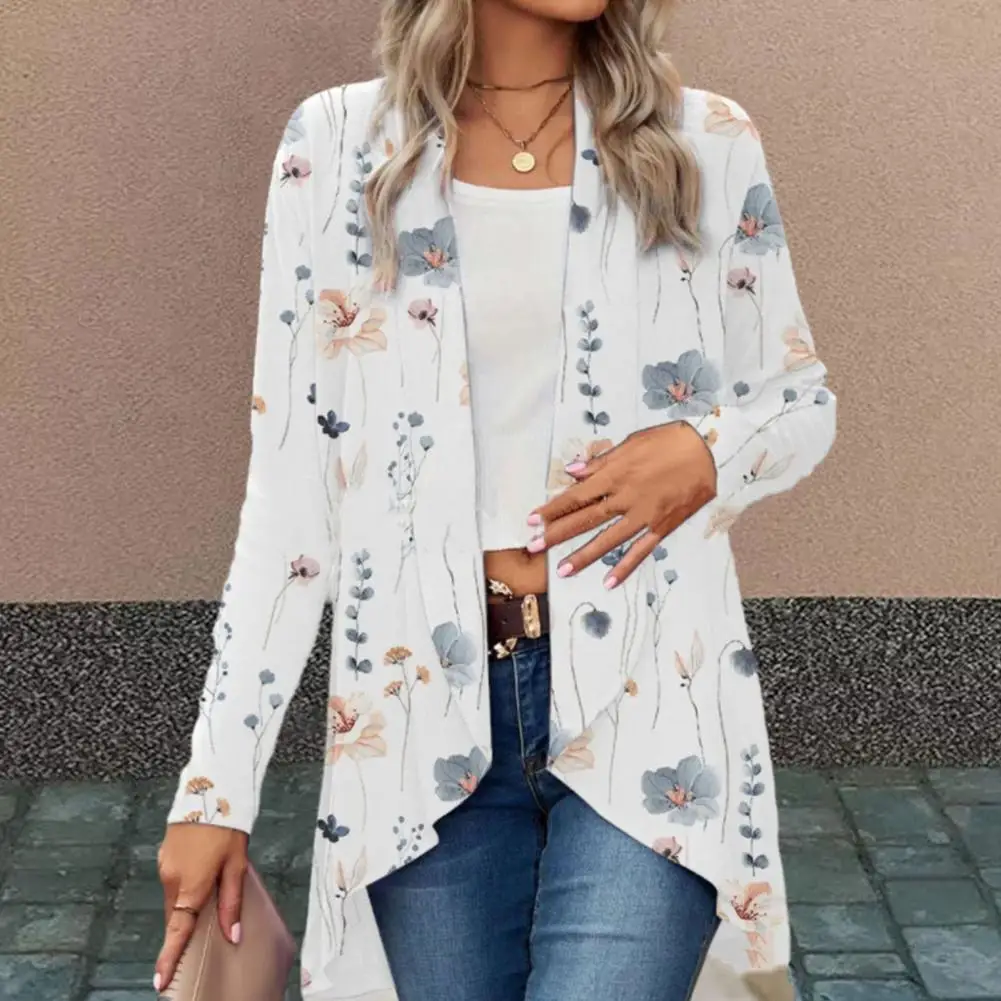 Spring Autumn Cardigan Coat Open Front Cardigan Coat Floral Print Collarless Cardigan Coats for Women Stylish Mid-length