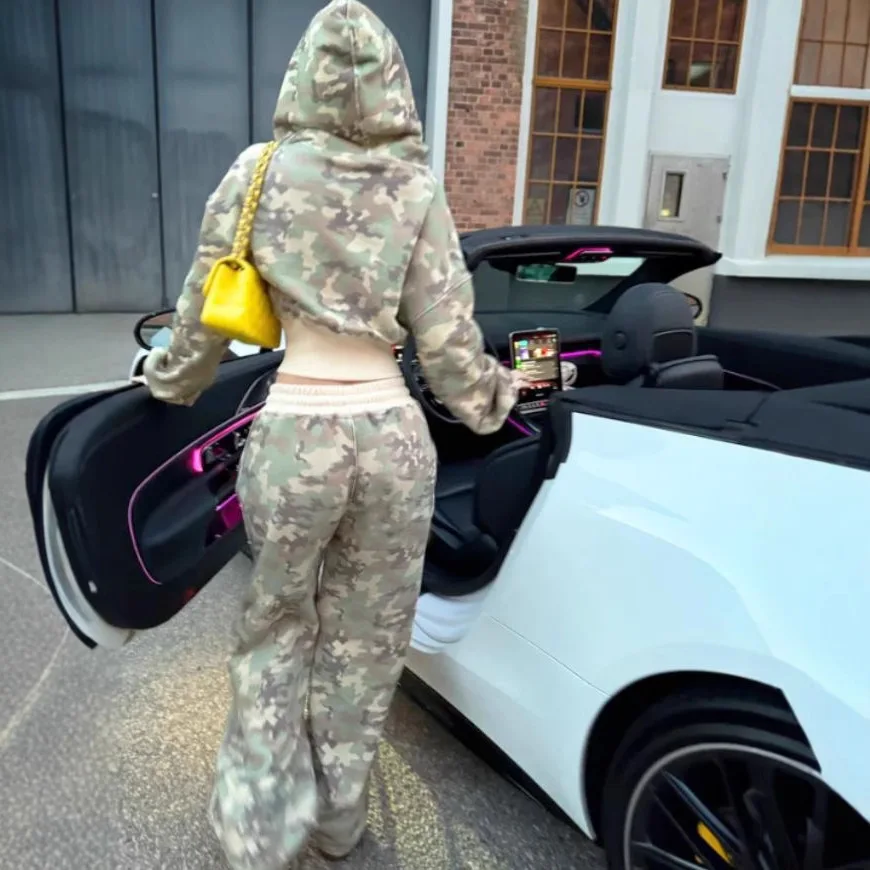 

Amazon cross-border foreign trade women' clothing new retro camouflage jacket two-piece set of trousers casual style sweater set