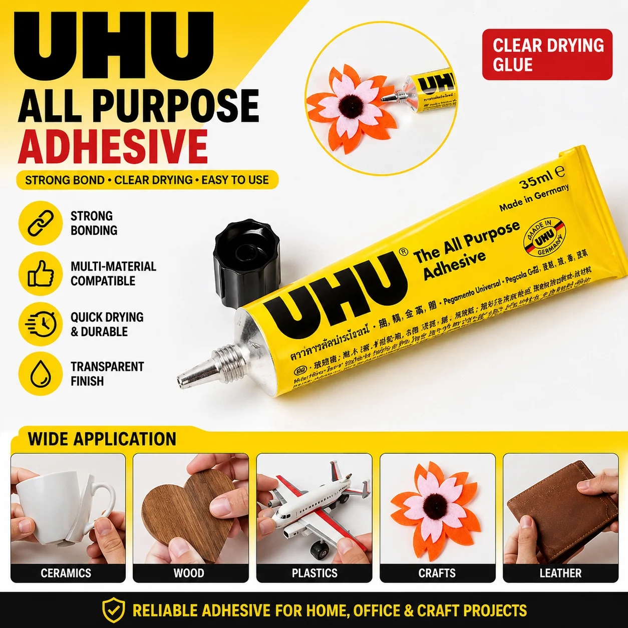 Premium German UHU Super Glue Heavy‑Duty Soft Adhesive Excellent Toughness for Model Textile Porcelain Paper Metal