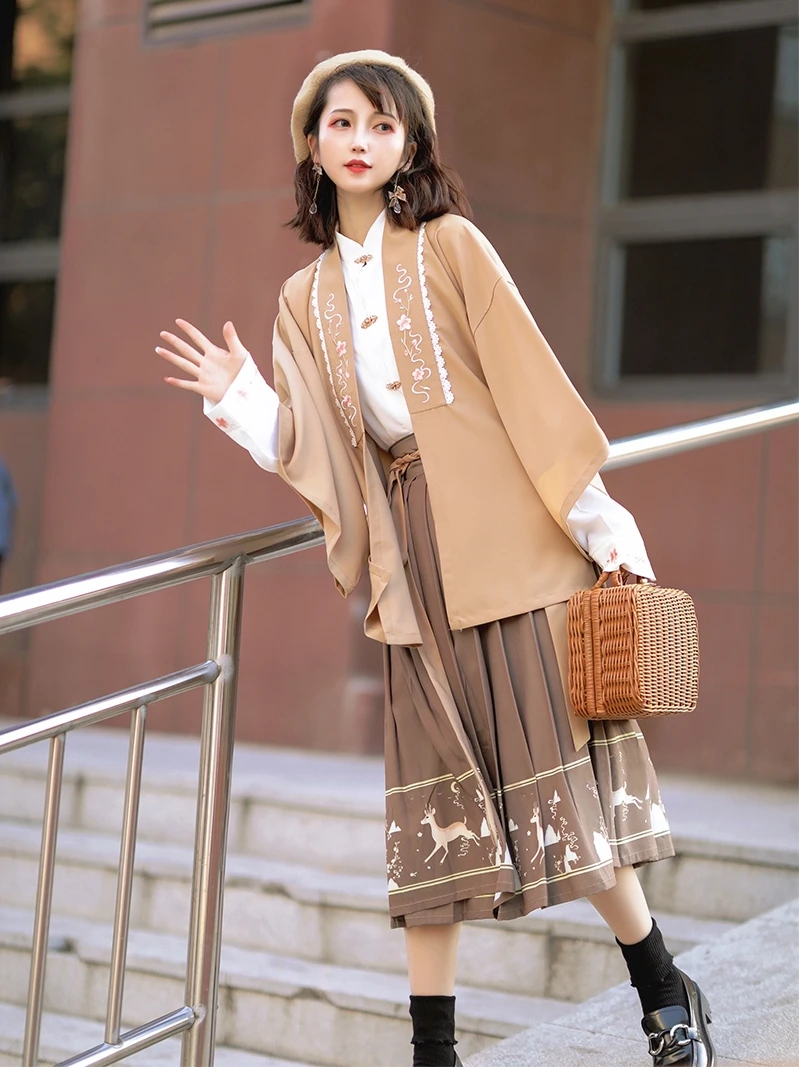 

Chinese Traditional Costume Hanfu Modern Style Ming Dynasty Improved Woman Cosplay Fashion Fresh Grace Brown JK Skirt 3PCS Set