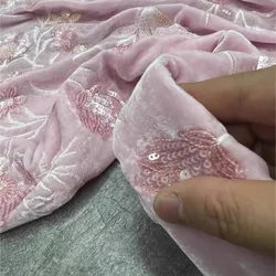 High order pink silk velvet heavy work embroidery fabric color beads national style vest clothing