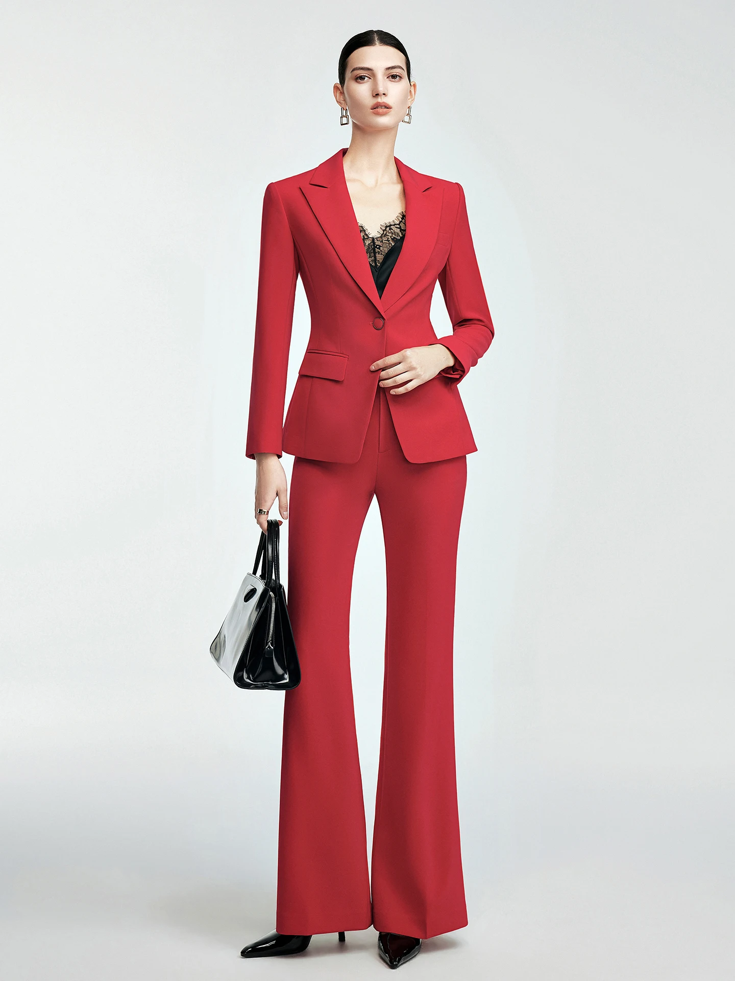 

Elegant Red Professional Hostess Suit Spring New Fashion High Waist Flared Pants Conference Outfit Women's Ensemble