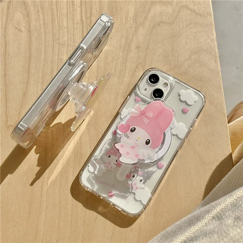 Cute Pink My Melody Cinnamoroll Kitty Kuromi Bracket Magsafe Magnetic Charge Case For iPhone 13 12 14 15Pro Max 11 Cover