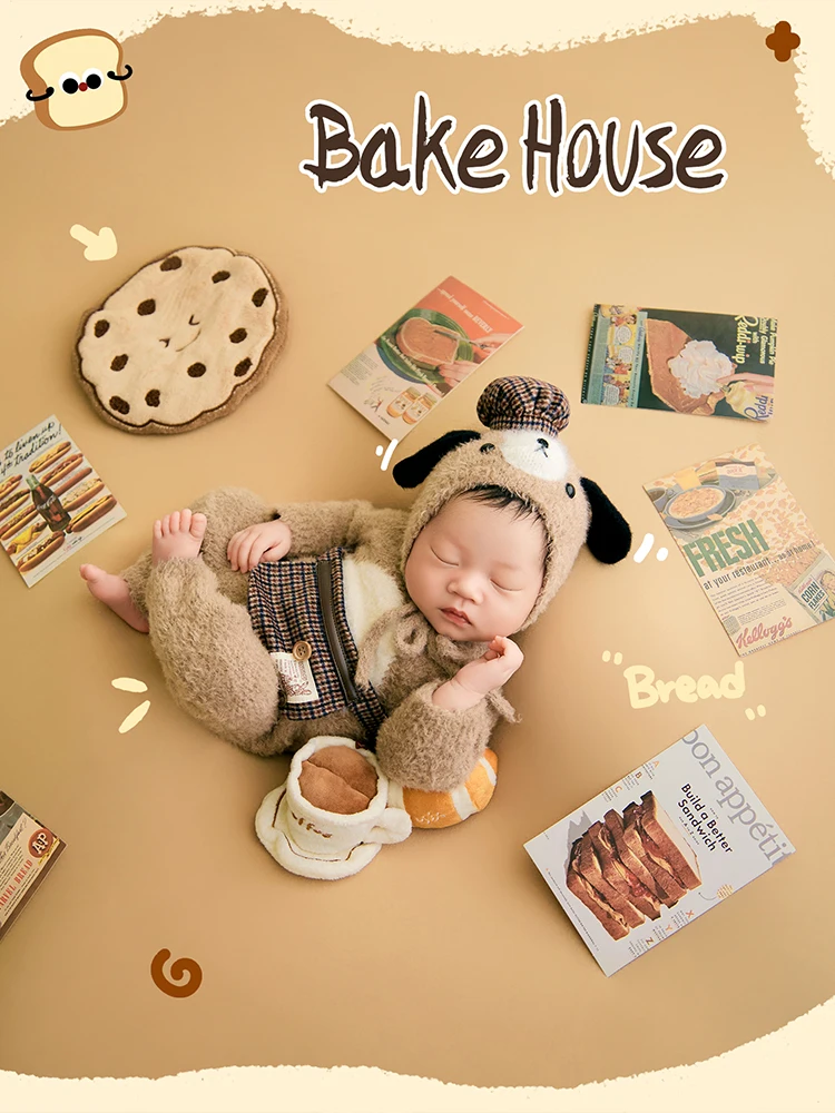 Newborn Photographer Props Cute Puppy Chef Costume Coffee Cup Cookie Decor Props Studio Bakery Theme Scene Photo Accessories Set