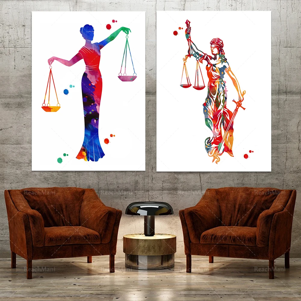 

Goddess of justice, scales of justice, mallet of justice, justice symbol watercolor balance symbol law and justice poster