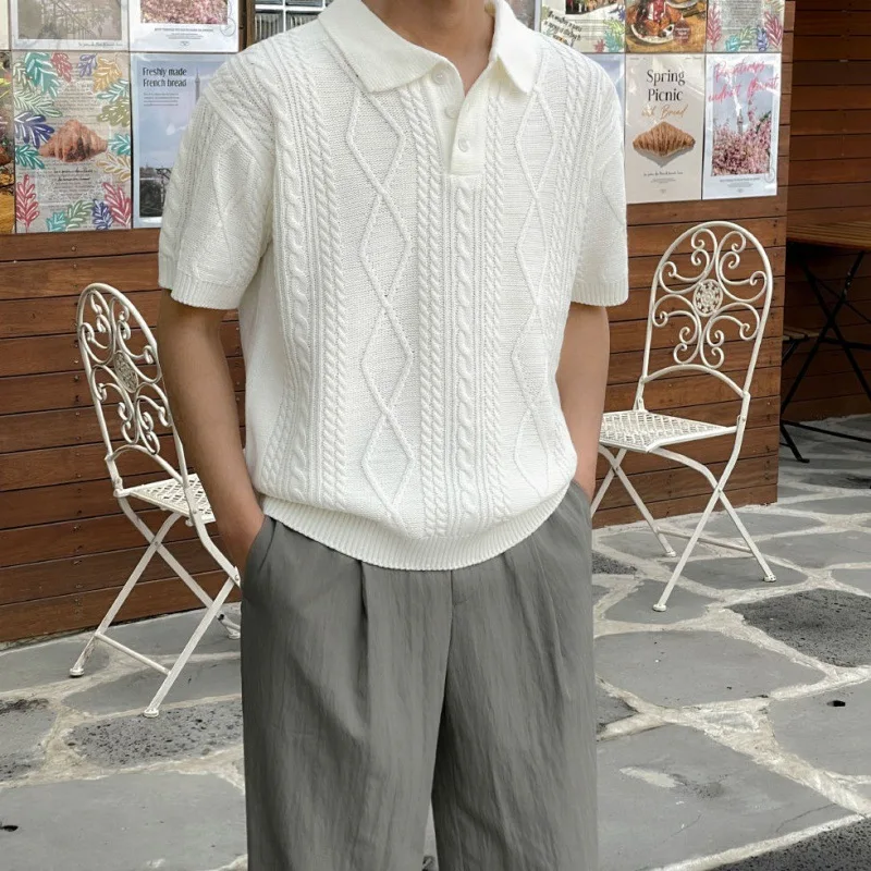 

Knitted Polo Shirts Summer New Fashion Men's Loose Casual Turn-down Collar Short Sleeve Solid Color T-shirts Male Clothes Tops