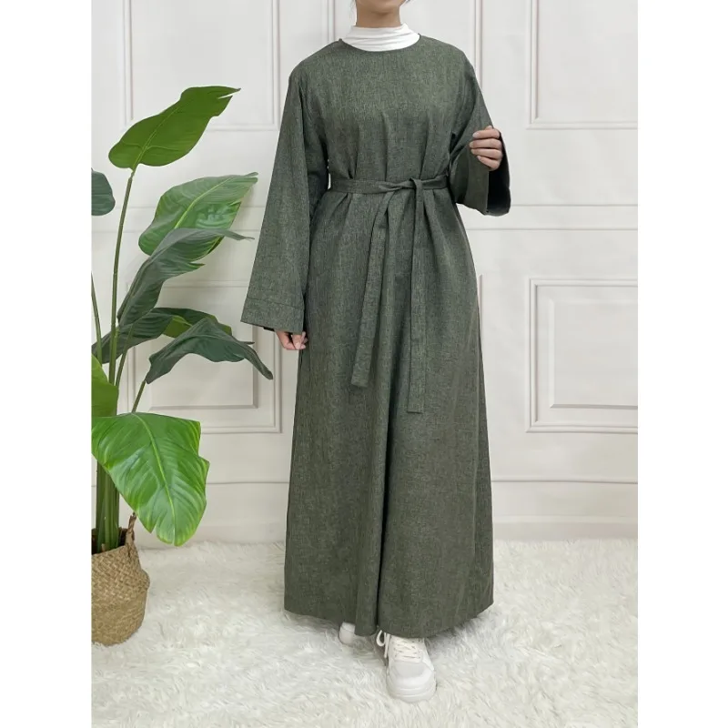 

Modest Closed Plain Long Sleeve Abaya Without Hijab With Belt Basic Islamic Eid Clothes Dress