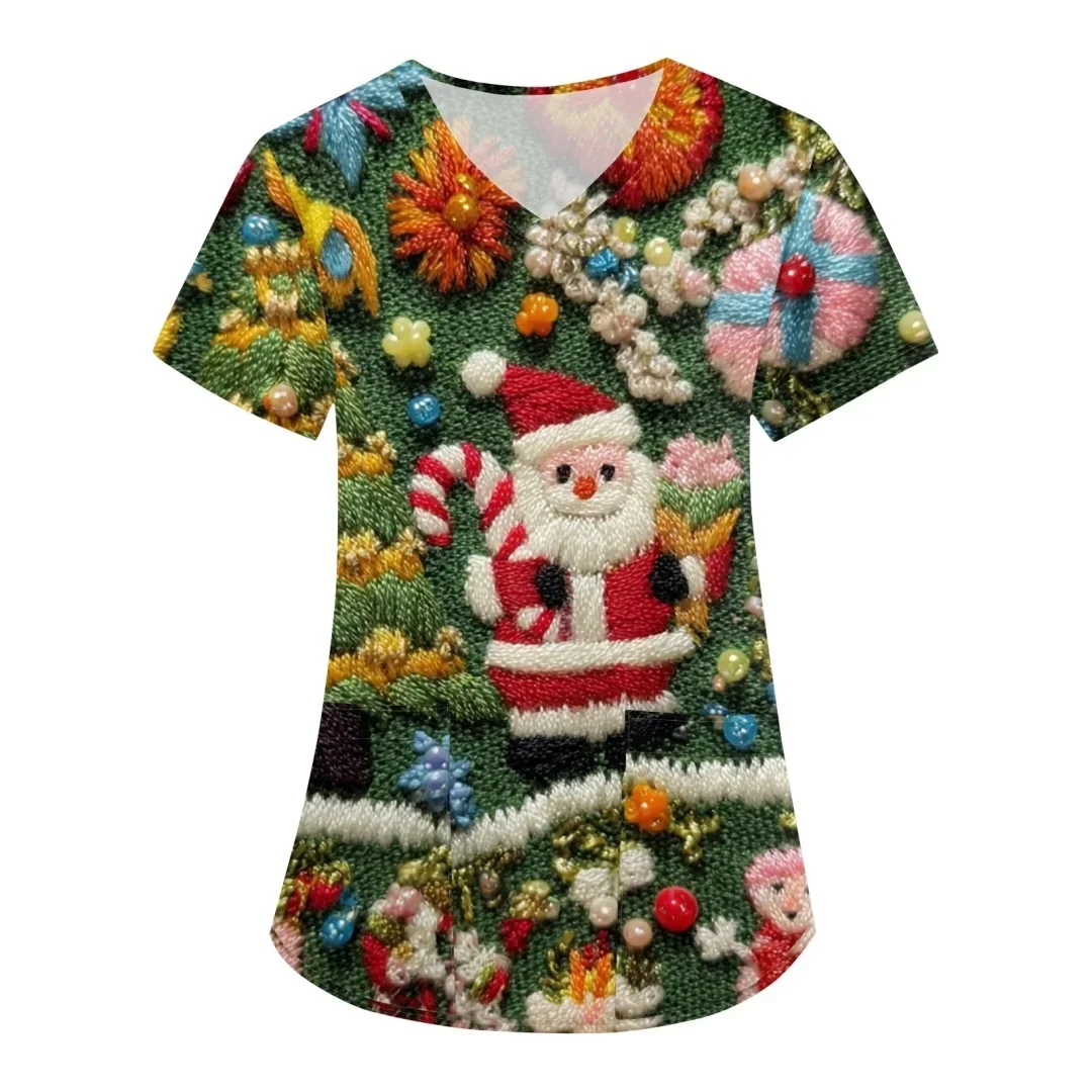 

Women Nurse Uniform Christmas Thanks Giving 3D Print V-Neck Pocket Medical Uniforms Cartoon Nursing Scrubs Short Sleeve Clothing