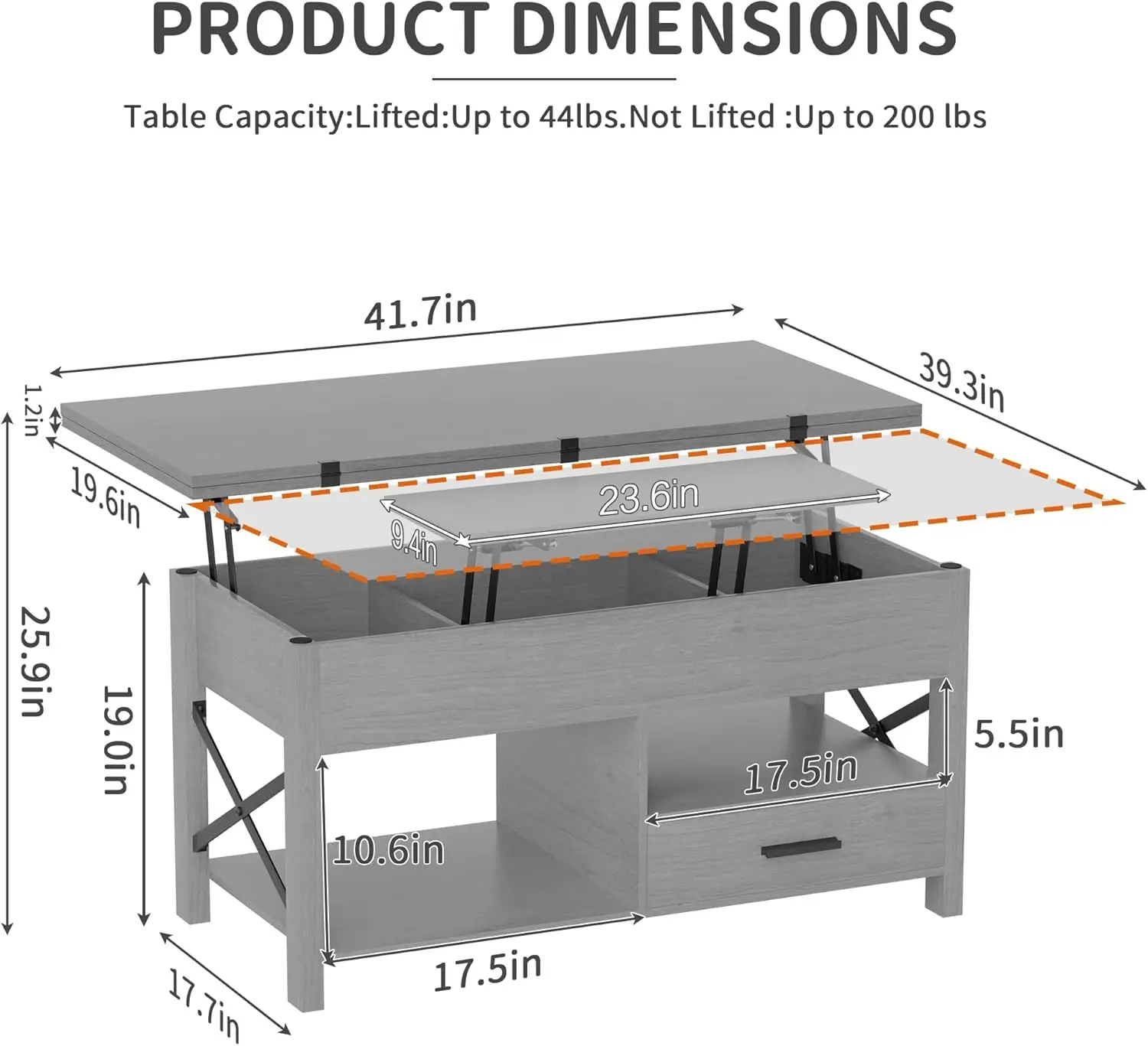 Mesa de centro con tapa elevable multifunción gris: convertible en mesa de comedor con cajones de almacenamiento, compartimentos ocultos