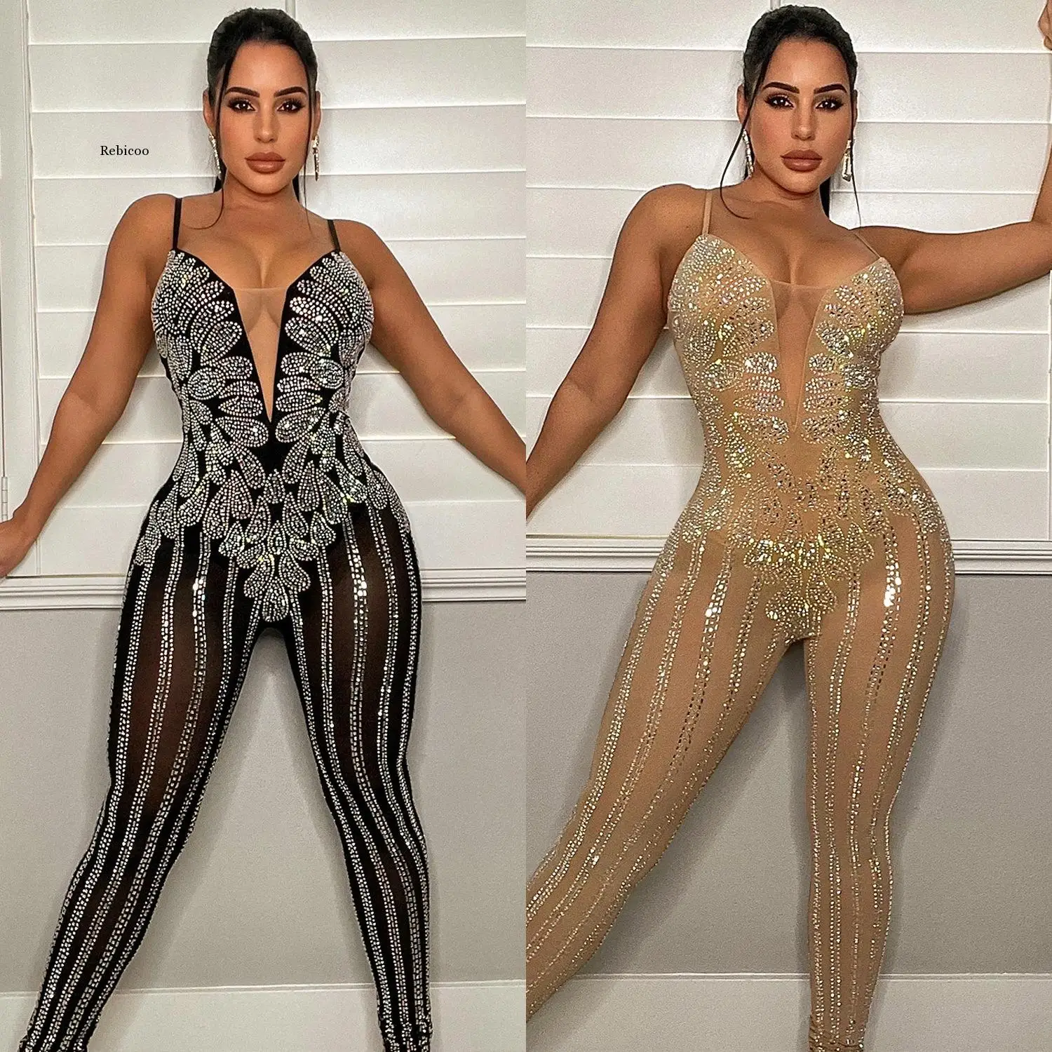 Women Sexy Sheer Mesh Spaghetti Strap Rhinestone Decor Jumpsuit