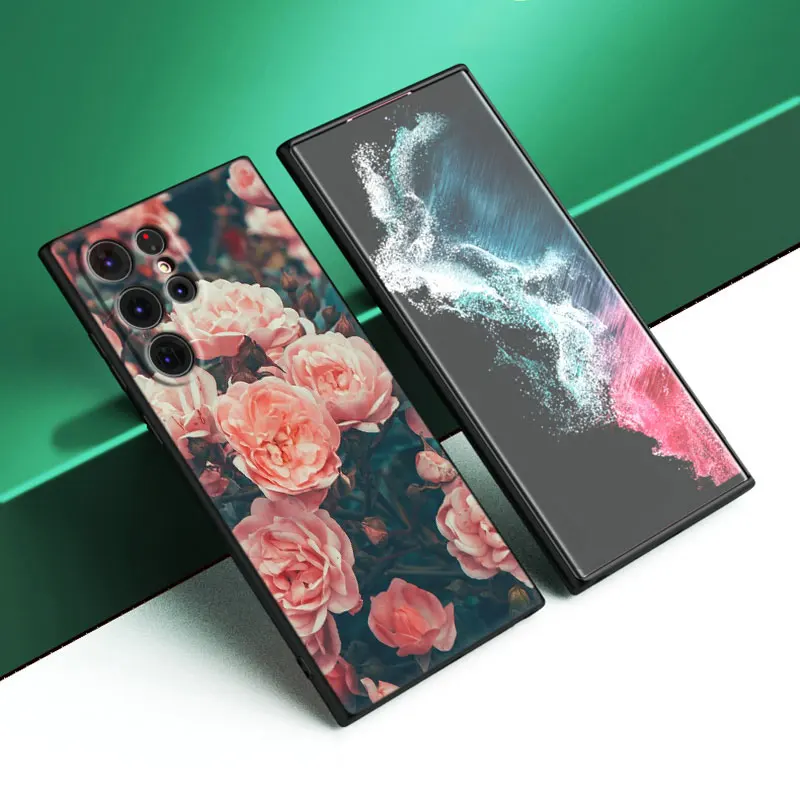 Capa dos desenhos animados para Samsung Galaxy, caixa preta, flor rosa vermelha, Samsung Galaxy S24 Ultra, S23 Plus, S21 FE, S22 Ultra, S20 FE, 5G, S10E, S10 Lite, S9 Plus