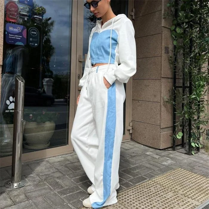 Damski zestaw sportowy: bluza z kapturem, spodnie, komplet dresowy, długi rękaw, zapinany na zamek, strój rekreacyjny, dwuczęściowy komplet.