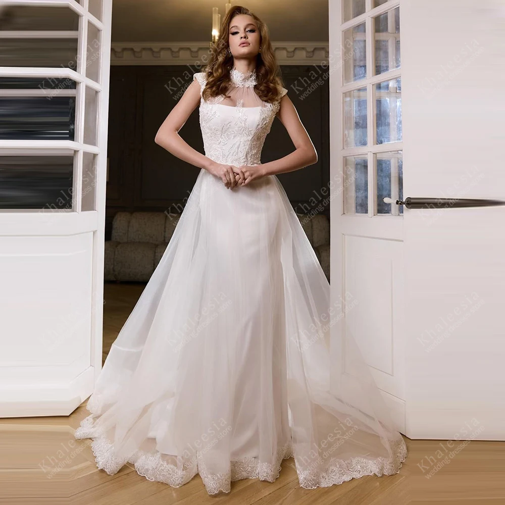 Charming Wedding Dresses Satin Bridal Gowns Lace Appliques Modern Sleeveless High Neck Robes Sexy Vestidos De Novia Customized