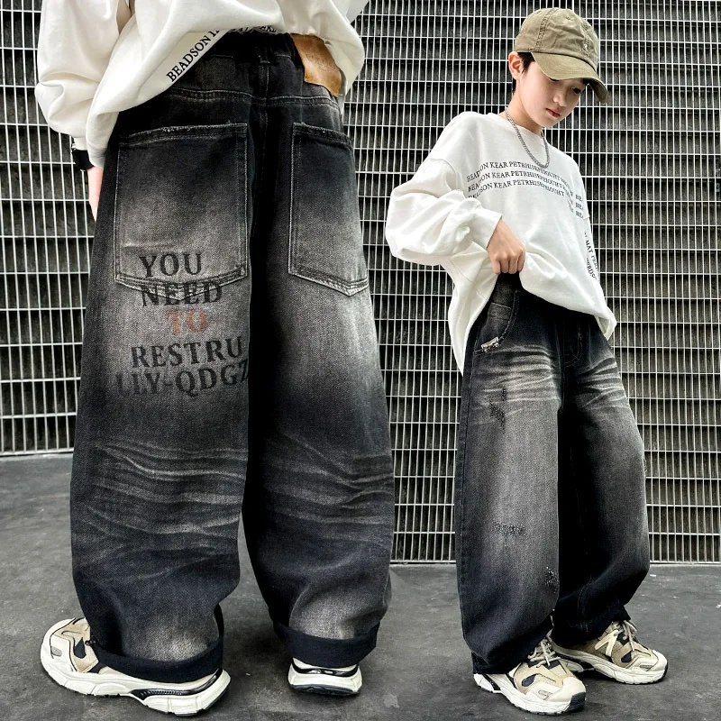 

2025 Spring Big Boy Retro Blue Jeans For School Kids Casual Loose Straight Denim Pants Child Fashion Street Jeans Trousers 5-14T