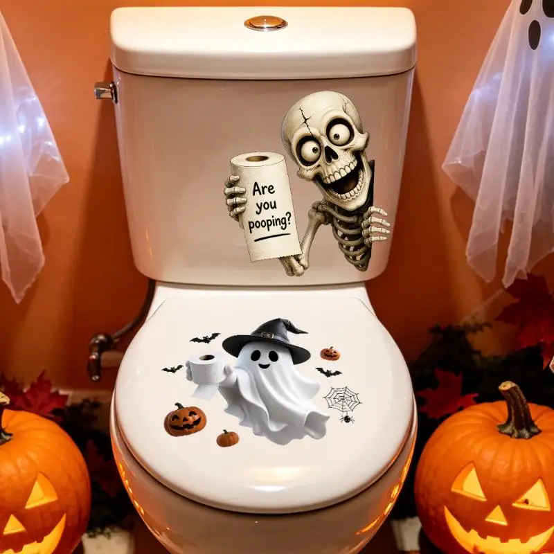 Halloween Toilet Seat Stickers Funny Ghost Skeleton Designs Waterproof Removable For Bathroom Party Home Decoration