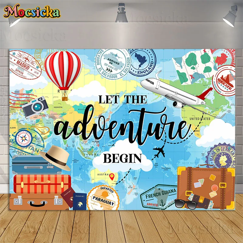 

Mocsicka Adventure Baby Shower Backdrops Wall Stamp Decor Travel Map Airplane Newborn Portrait Photography Background Photoshoot