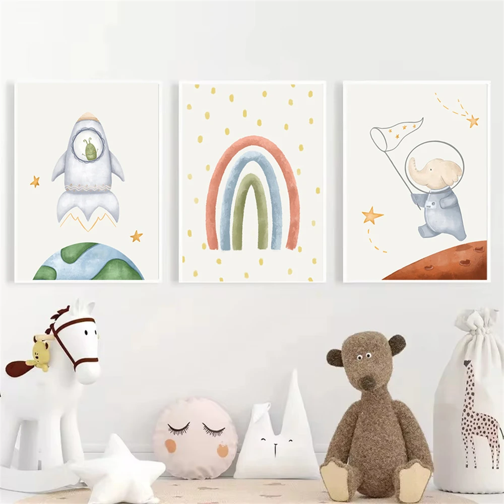 

Cartoon Star Rainbow Poster Planet Earth Rocket Wall Art Canvas Painting Nursery Print Nordic Wall Pictures Kids Boy Room Decor