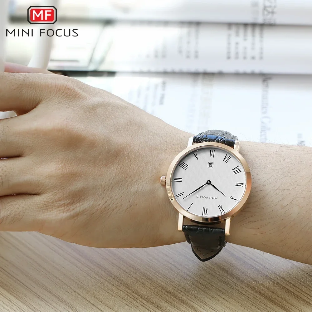MINI FOCUS-ساعة يد رجالية فاخرة من الجلد الطبيعي ، كوارتز للأعمال ، عرض التاريخ ، قرص رقيق للغاية ، موضة ، 0108G