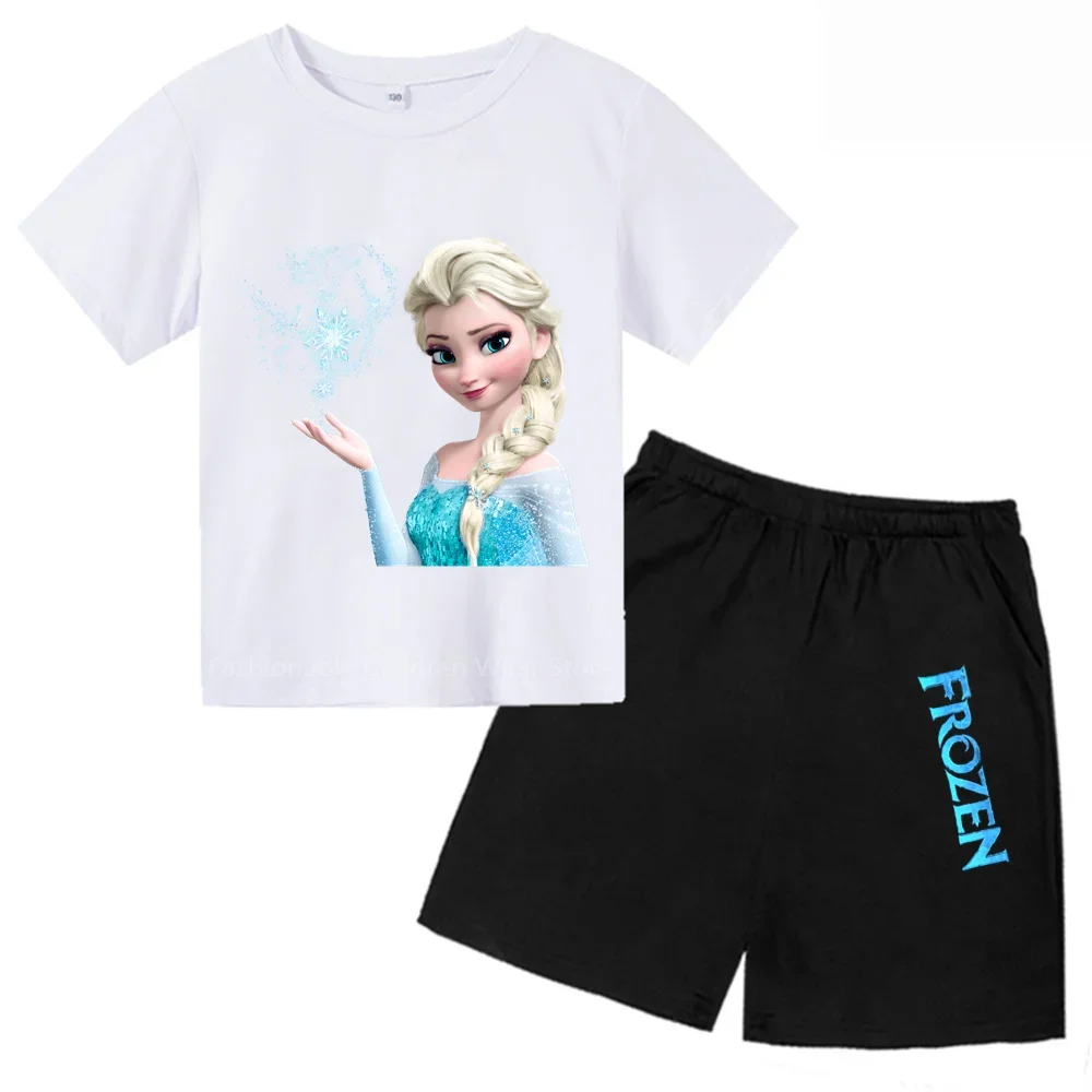 Cool Kiddos Summer Ensemble: Frozen Cartoon Print Tee & Shorts | 2024 Cotton Casual Wear For Indoor Play & Beach Fun