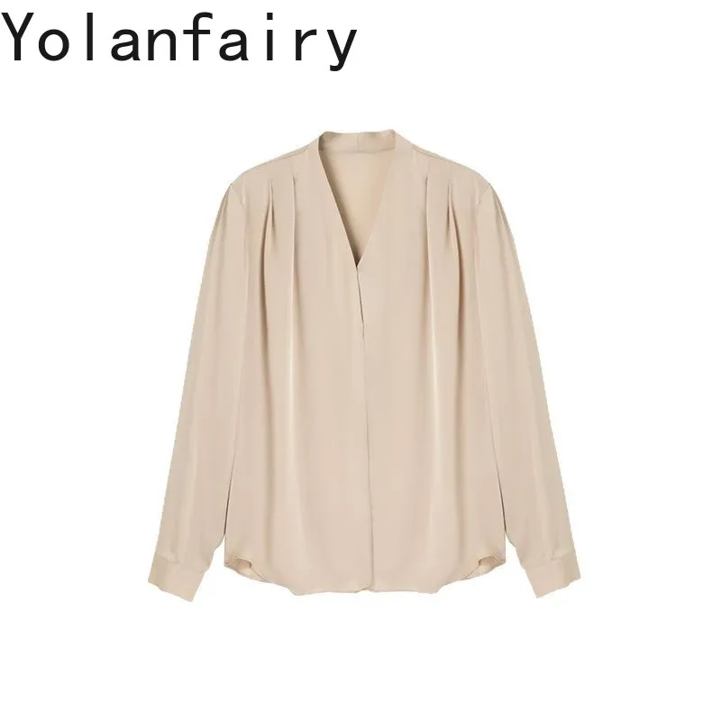 

YOLANFAIRY 19momme 92.3% Mulberry Silk Blouse Woman Elegant Spring Office Wear Lady Tops and Blouses Long Sleeve Blouses Femme