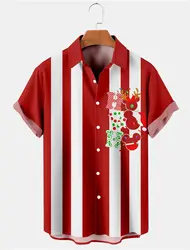 Striped Christmas Shirt 3D Printed Men's Open Lapel Short Sleeve Shirt Casual Fashion Men's Shirt New Year Clothing