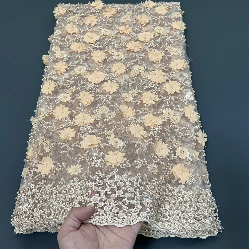 2024 African Nigerian Latest High Quality Lace Fabric With Sequins Tulle Sewing Guipure Embroidery Dresses Beads Stone