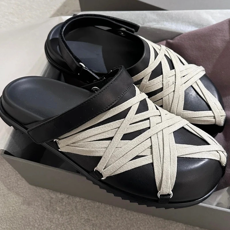 Black Cross Straps Slip-On Flat Slippers Woman Summer 2025 Round Toe Rear Trip Strap Women's Sandals Fashion Shoes