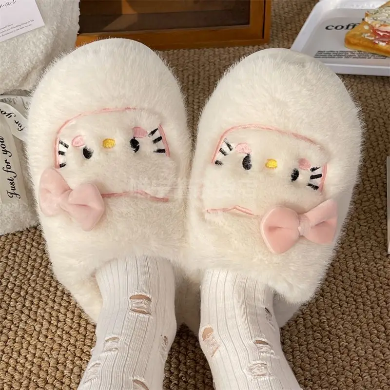 

Sanrio Kawaii Anime Hellokitty Fur Slippers Autumn Winter New Home Plus Velvet Warm Non-Slip Slippers Half-Covered Heel Fur Shoe