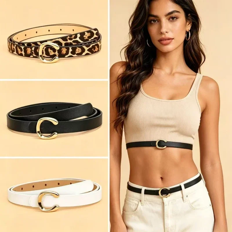 3pcs 2026 New Set of Leopard Print And Letter Print Belt, with U-Shaped Alloy Buckle - Women'S Versatile Thin Belt,