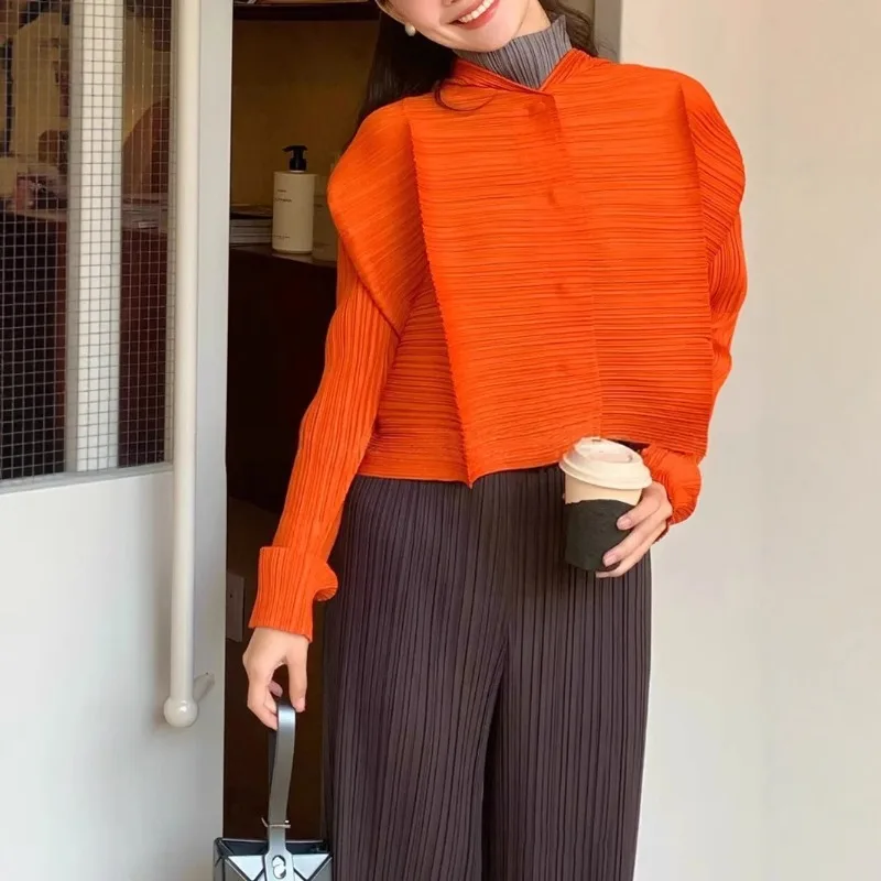 Miyake Women's Stand-up Collar Long-sleeved Blouse Single-breasted Pleated Solid Color Short Section Large Size Cardigan Jacket