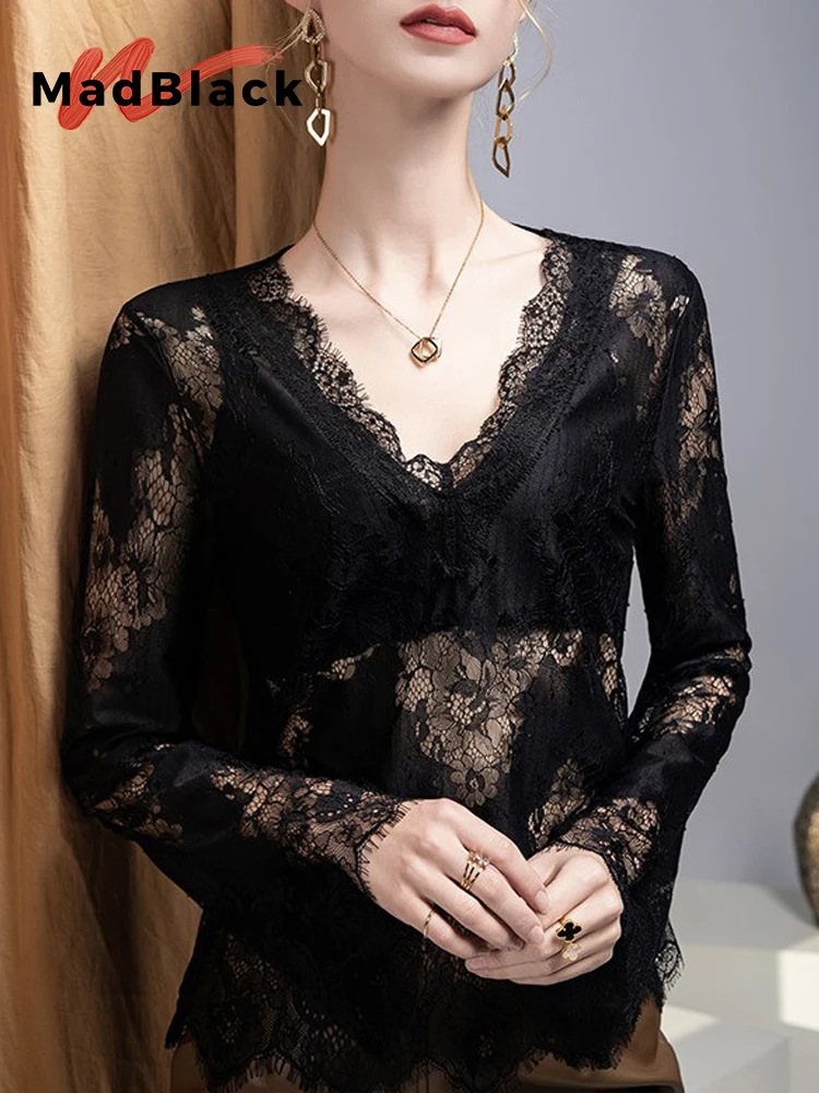 

MadBlack-Women European T-Shirt, Sexy V Neck Lace Embroidery, Streetwear Long Sleeve Sheer Loose S-3XL Tee, 2026 Spring T63777CC