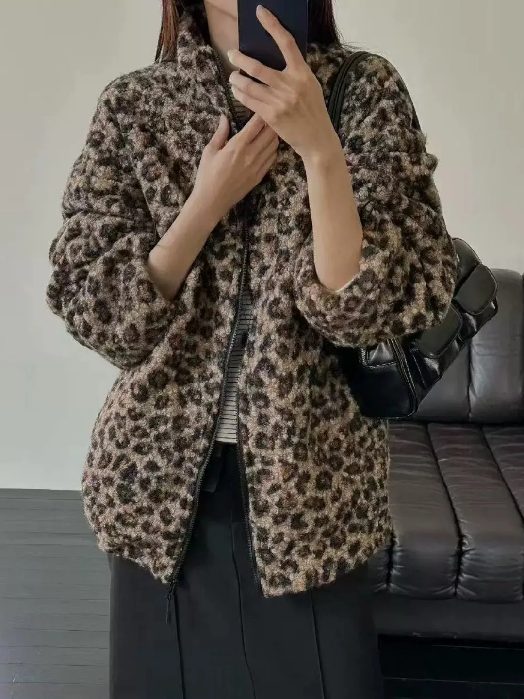 المرأة فروي الوقوف طوق خمر ليوبارد طباعة سستة Jaet الداخلية Fce الخريف الشتاء جديد Faion معطف دافئ طويل Sve #3