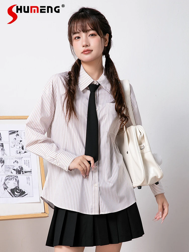 Japanese Preppy Style Striped Polo Collar Long Sleeve Blouse Shirt High Waist A-line Black Pleated Skirt Two-piece Set Women