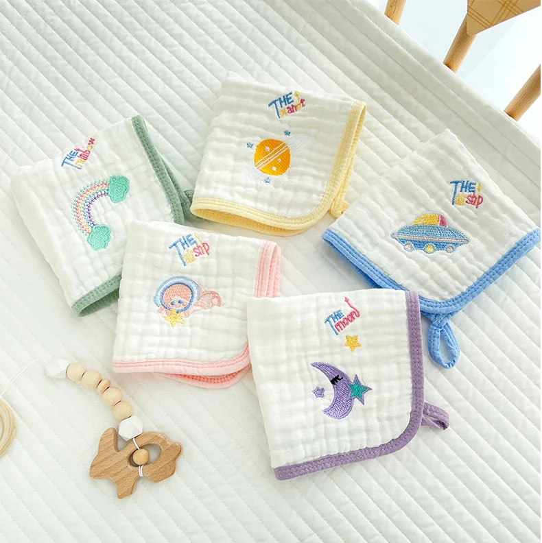 5pcs Embroidery Cotton Baby Face Towel Newborn Baby Items 6 Layer Muslin Baby Bibs Handkerchief Saliva Towel Feeding Burp Cloths