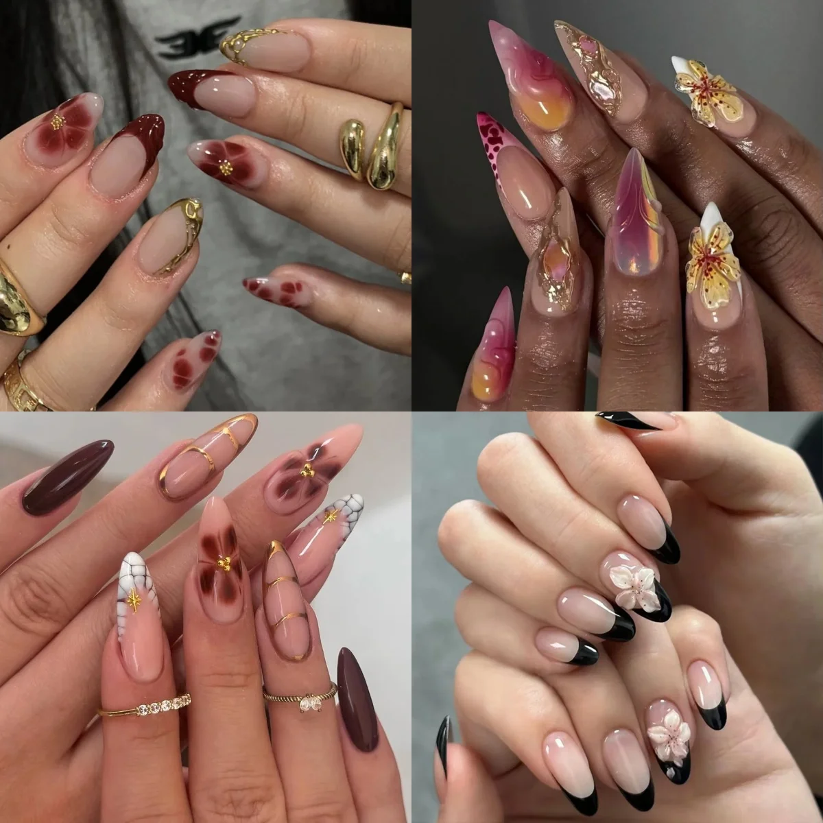 

Exaggerated Halo Dyeing Flowers Aurora Golden Metal Bowknot Long Pointed Fake Nails Art Almond False Nails Press on Nails Charms