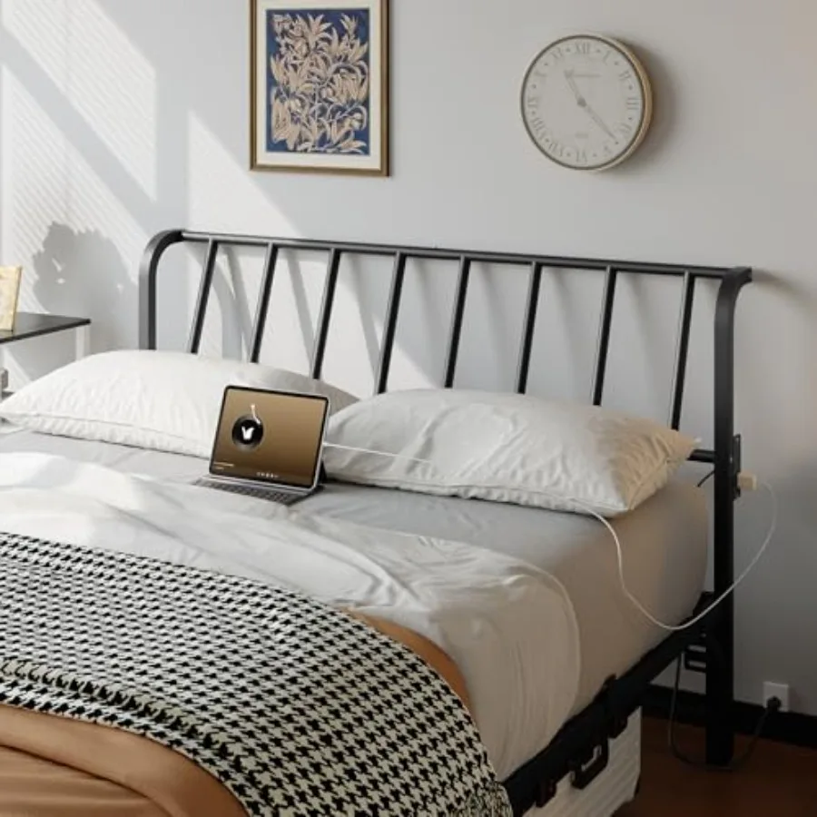 

Queen Size Headboard Only Metal Headboard with 2 Power Strips 95 Degrees Reclining Backrest with Bed Frame Adapters Easy Assemb