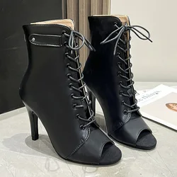 Women's New Baotou Sandals Black long fashionable high boots Women Lace up open toe leather boots Sexy slim high heels Zapatos