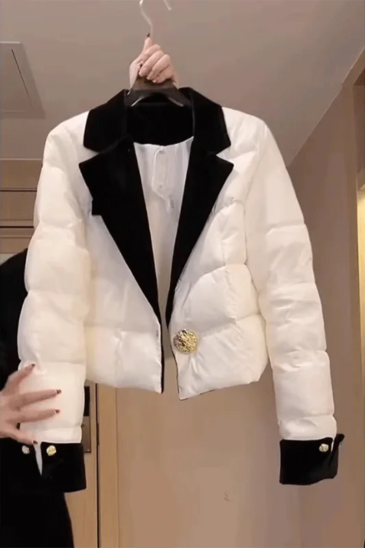 เสื้อแจ็คเก็ตฤดูหนาวผู้หญิงปี 2025 ปกบากสีขาว เสื้อโค้ทสั้นบุใยสังเคราะห์ สไตล์ลำลองสำหรับใส่ทำงาน หรูหรา สง่างาม ดูเป็นมืออาชีพ