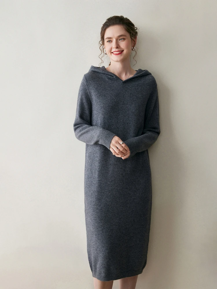

100% Cashmere Knitted Dress Autumn Winter Women's Soild Hooded Versatile Loose Casual Straight Dress Elegant Thick Warm High-end