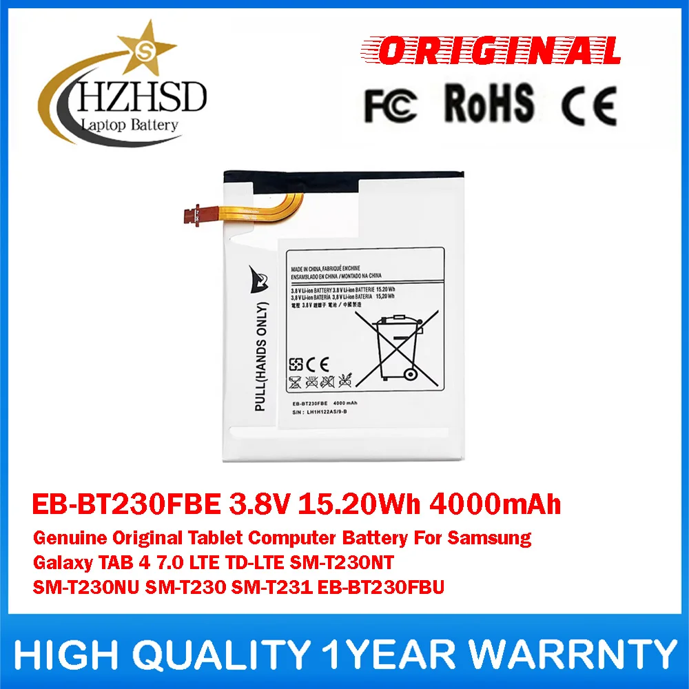 

EB-BT230FBE 3.8V 15.20Wh 4000mAh Genuine Original Computer Battery For Samsung Galaxy TAB 4 7.0 LTE TD-LTE SM-T230NT SM-T230NU