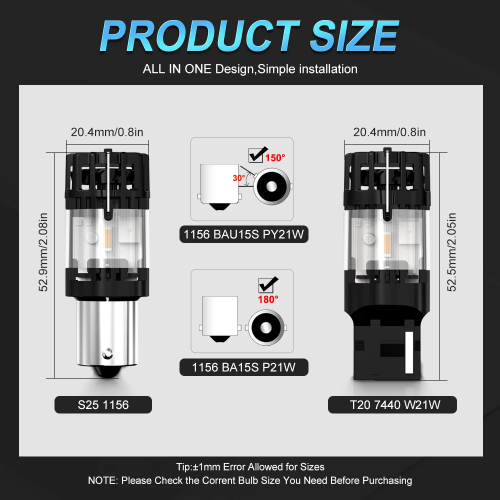 Żarówka LED T20 7440 Bursztynowa Żółta CANBUS Bez Błędów WY21W PY21W P21W BAU15S BA15S Żarówka Kierunkowskazu 580% Super Jasna Lampka Sygnalizacyjna — zdjęcie 5