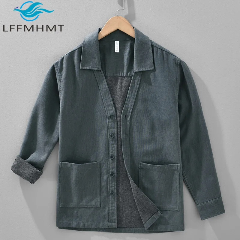 

Y2521 Мужская свободная посадка, винтажная льняная хлопковая куртка высокого качества с воротником «Чайка», простое базовое льняное повседневное пальто в стиле Old Money, мужское