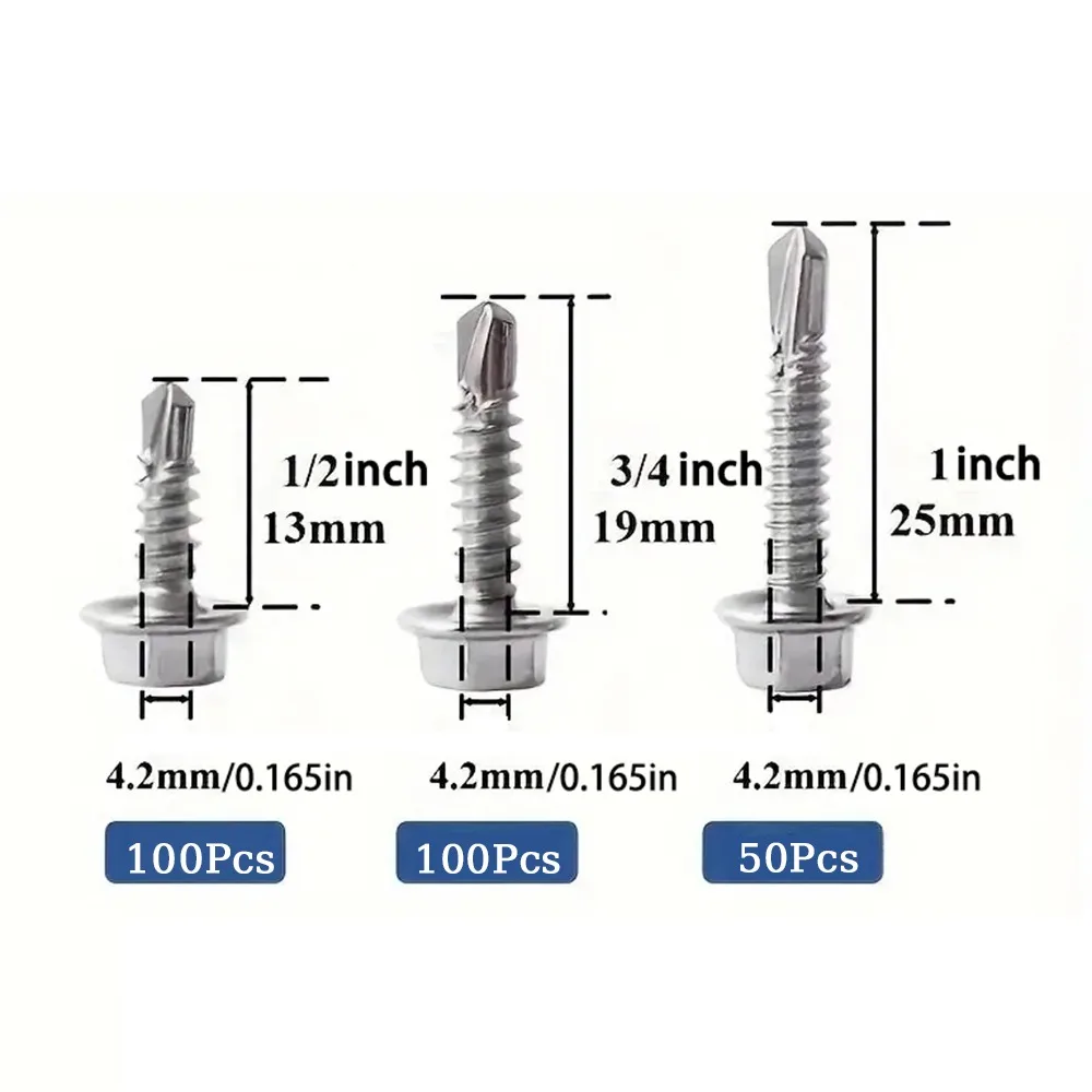 

250Pcs Self-Tapping Screw Assortment Kit Outer Hexagon Drive 410 Stainless Steel Self-drilling Screw Fully Threaded
