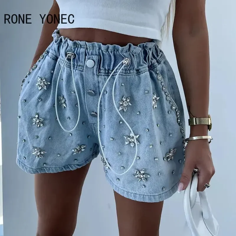 

2023 Women Casual Rhinestone Decor Elastic Waist Drawstring Button Pocket Denim Shorts