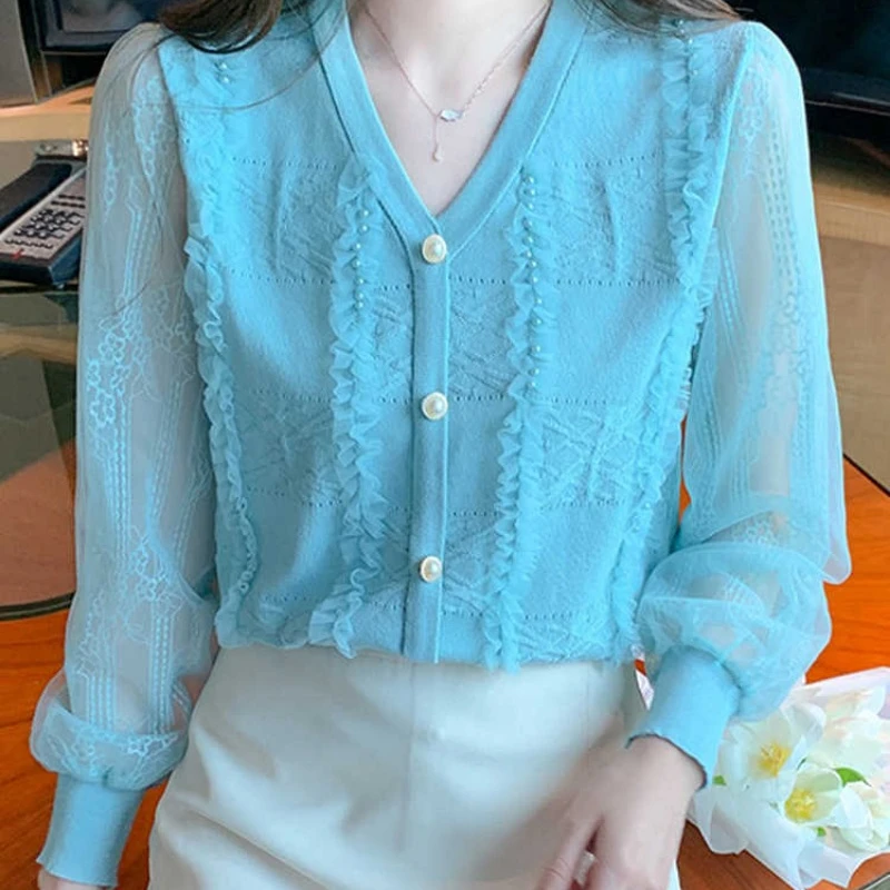 All-match Spring Autumn V-Neck Solid Color Button Lantern Long Sleeve Chiffon Women\'s Clothing Casual Embroidered Flares Tops