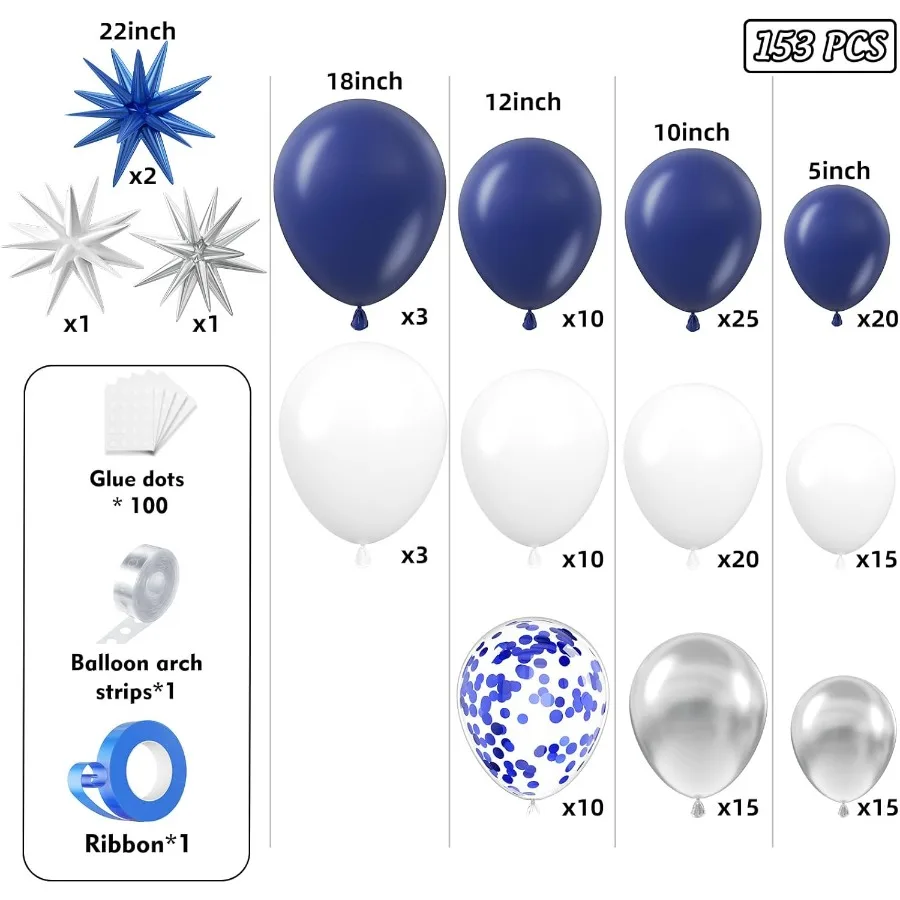 153Pcs Navy Blue and Silver Balloons Garland Arch Kit with Sta 22 18 12 10 5 inch Different Size Royal Blue White Silver Latex
