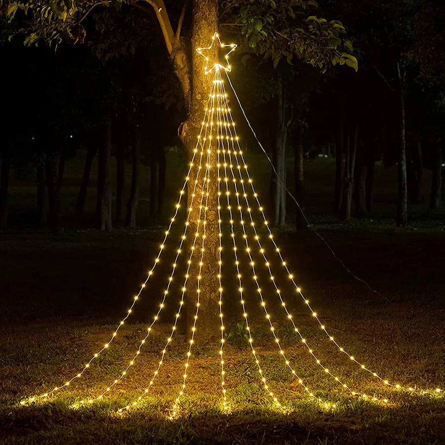 9 Strands 2M Christmas Tree Star String Light 190 LED Christmas Waterfall Tree Light with Topper Star for Holiday Party Decor