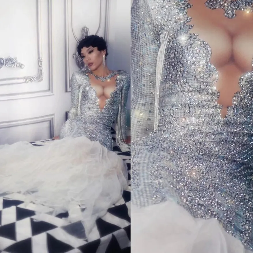 Luxe Avondfeest Prom Vieren Steentjes Vloerlengte Jurk Vrouwen Banket Fotoshoot Dragen Stage Performance Kostuum