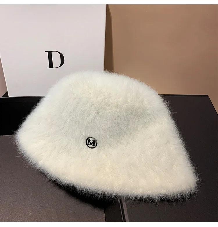 Korea Designer M Eimer Hut Frau Warme Plüsch Angola Kaninchen Fell Hut Dame Herbst Winter Ins Mode Becken Hut Retro Flauschigen Panama – Detail 7