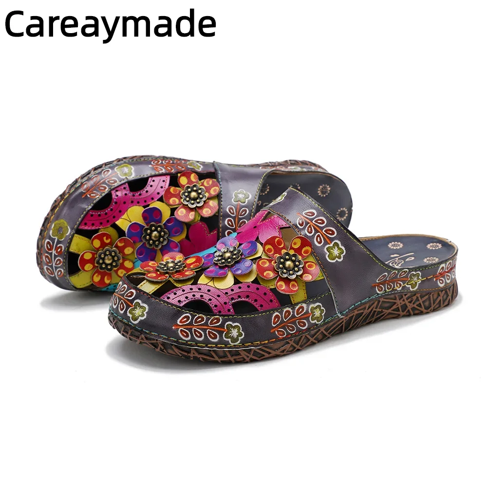 Careaymade-Folk style Genuine leather Width Summer Flat Bottom Black Retro High Heel Ethnic Fish Mouth Rubber women\'s Slippers